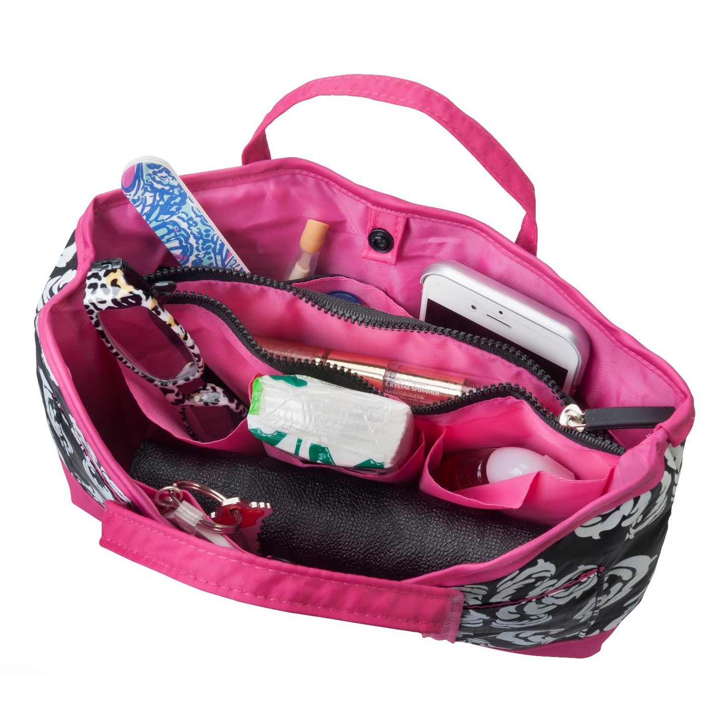 Compact Dual Handled Zippered Accessory Organizer - Color - Damask with Pink