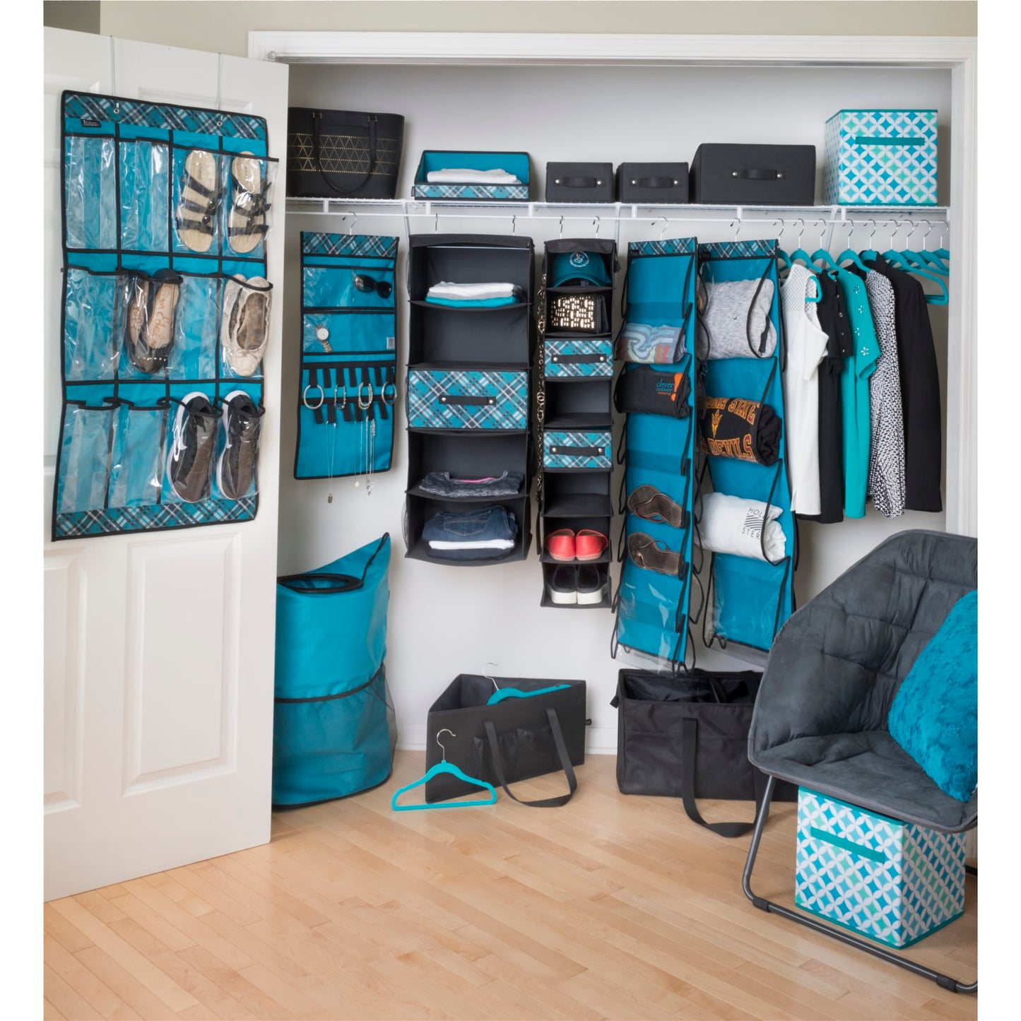 Hanging Pocket Cubby - Teal Plaid
